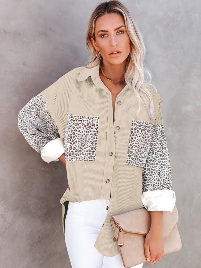 Contrast Leopard Lapel Corduroy Jacket