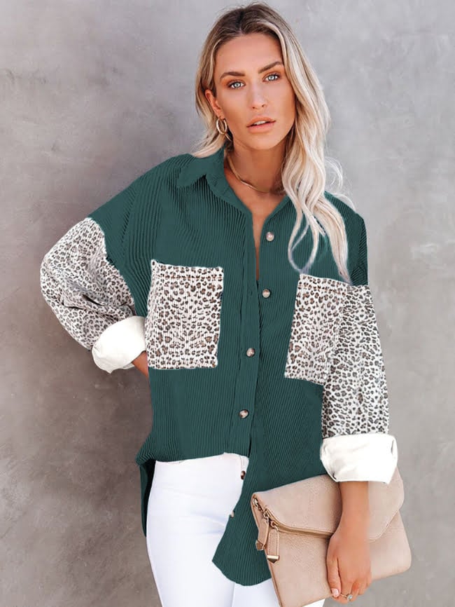 Contrast Leopard Lapel Corduroy Jacket