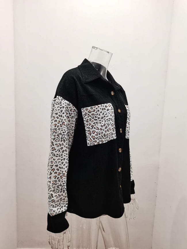 Contrast Leopard Lapel Corduroy Jacket