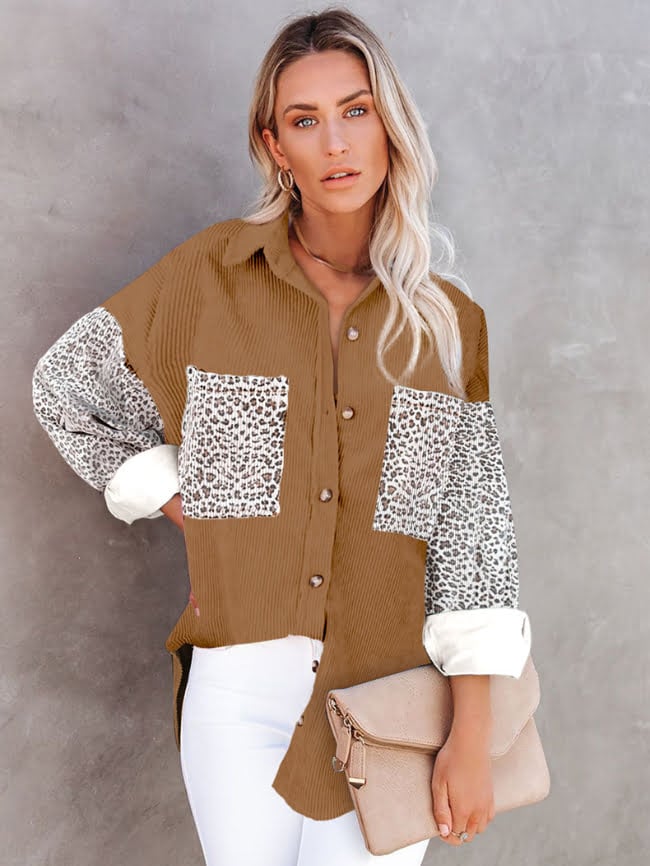 Contrast Leopard Lapel Corduroy Jacket