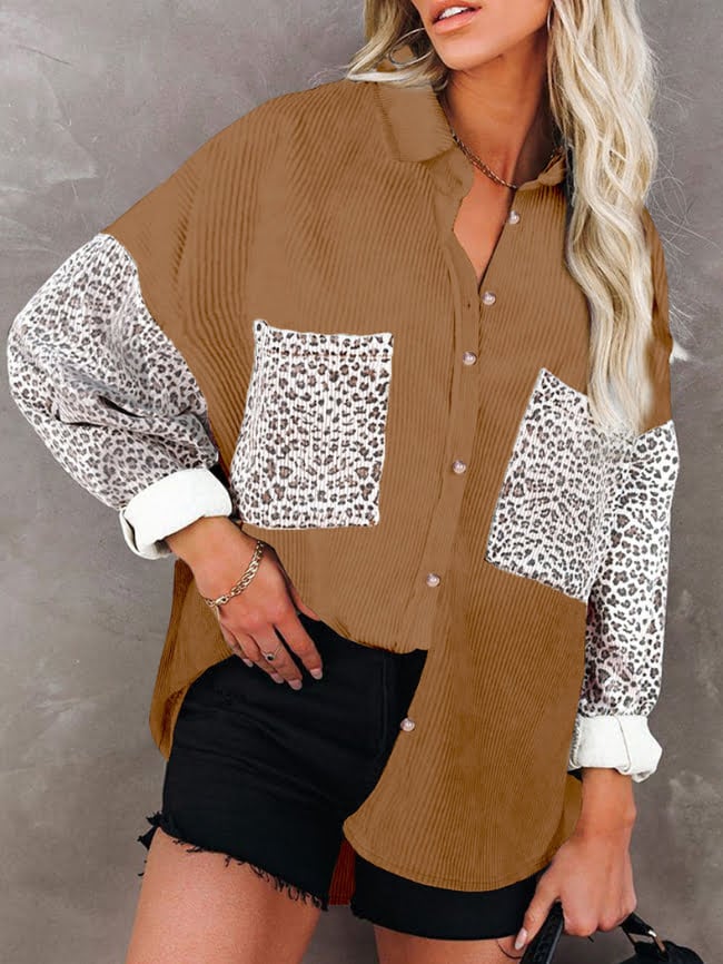 Contrast Leopard Lapel Corduroy Jacket