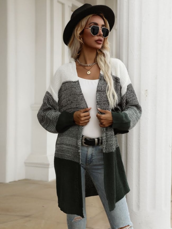 Drop Shoulder Colorblock Open Front Cardigan