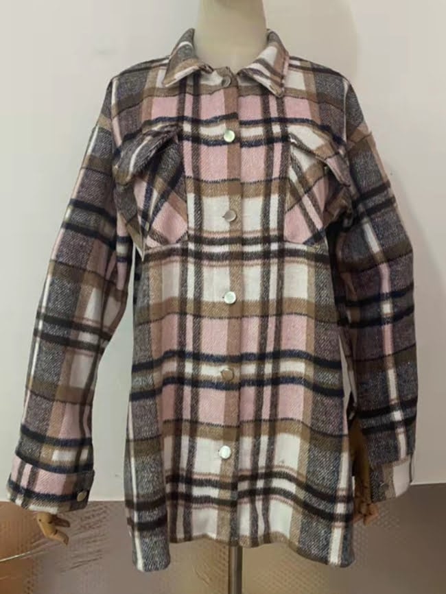 Geometric Woolen Plaid Print Pocketed Jacket