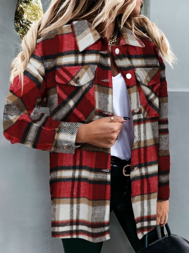 Geometric Woolen Plaid Print Pocketed Jacket