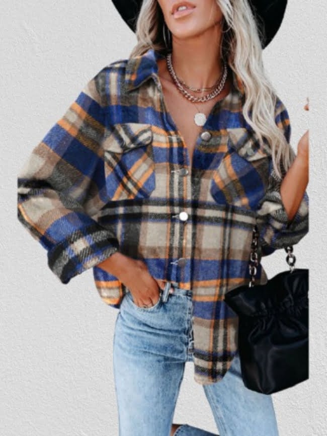 Geometric Woolen Plaid Print Pocketed Jacket