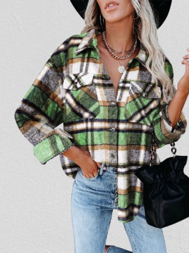 Geometric Woolen Plaid Print Pocketed Jacket