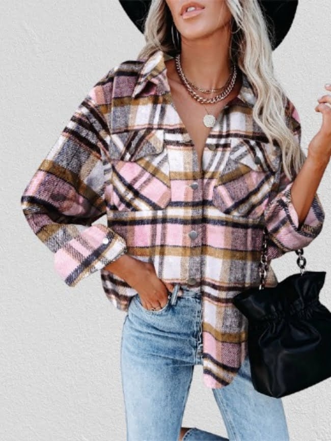 Geometric Woolen Plaid Print Pocketed Jacket