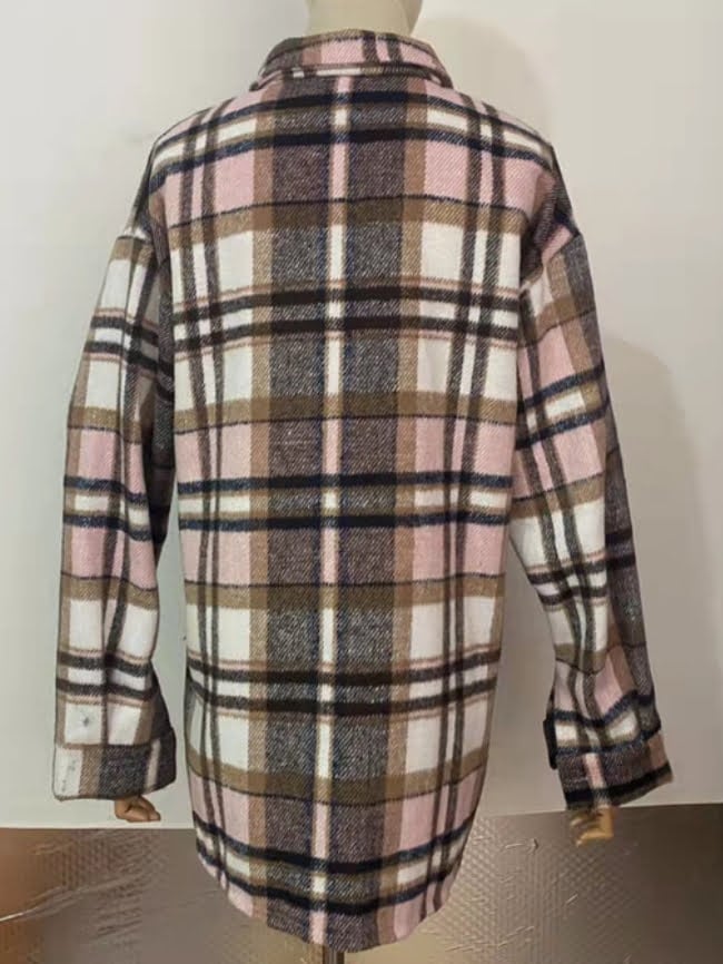 Geometric Woolen Plaid Print Pocketed Jacket