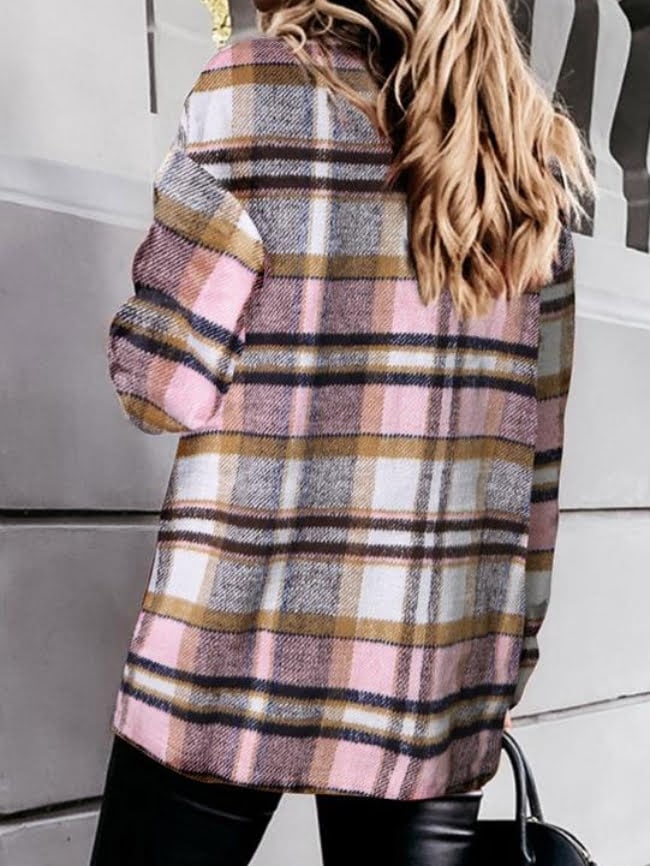 Geometric Woolen Plaid Print Pocketed Jacket