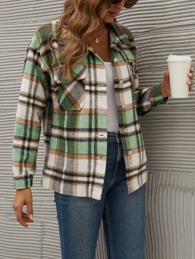 Geometric Woolen Plaid Print Pocketed Jacket