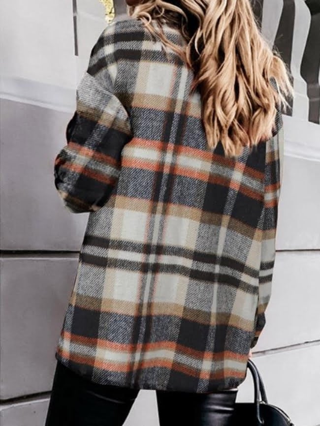 Geometric Woolen Plaid Print Pocketed Jacket