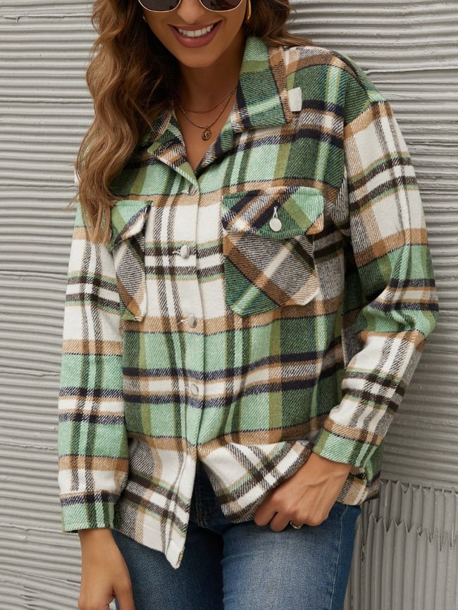 Geometric Woolen Plaid Print Pocketed Jacket