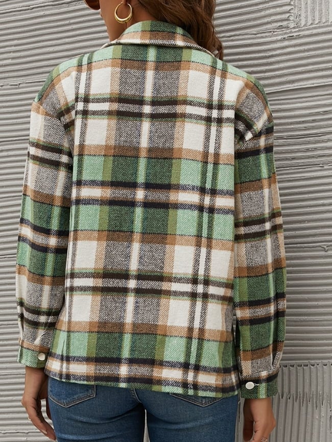 Geometric Woolen Plaid Print Pocketed Jacket