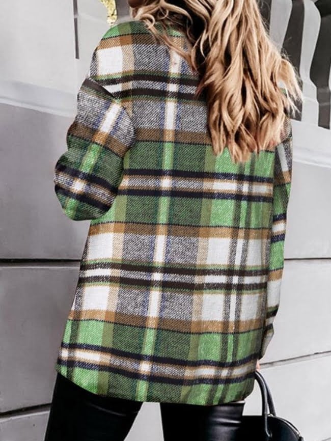 Geometric Woolen Plaid Print Pocketed Jacket