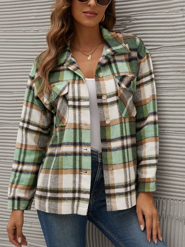 Geometric Woolen Plaid Print Pocketed Jacket