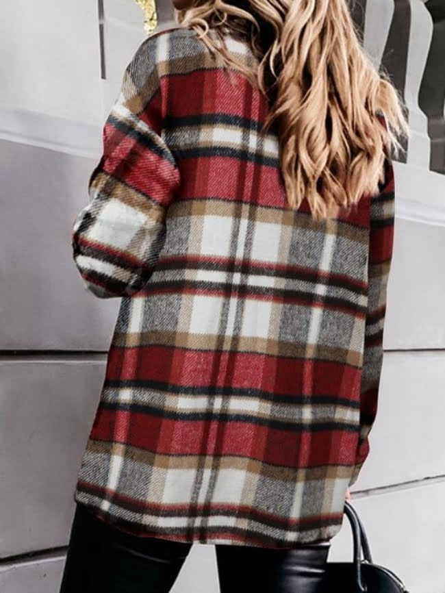 Geometric Woolen Plaid Print Pocketed Jacket