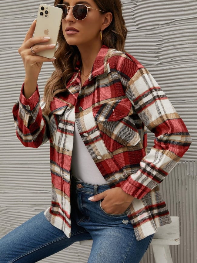 Geometric Woolen Plaid Print Pocketed Jacket