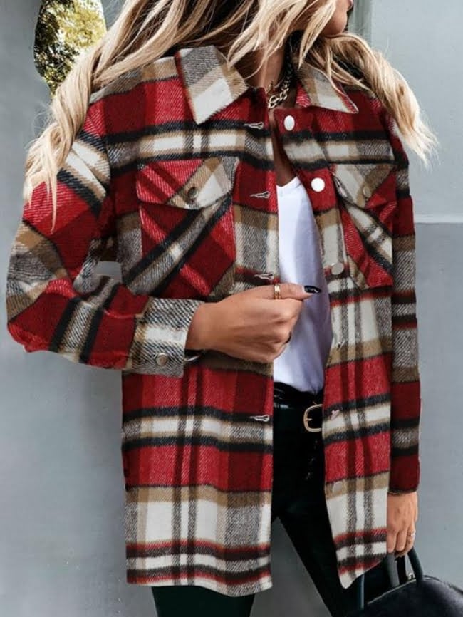 Geometric Woolen Plaid Print Pocketed Jacket