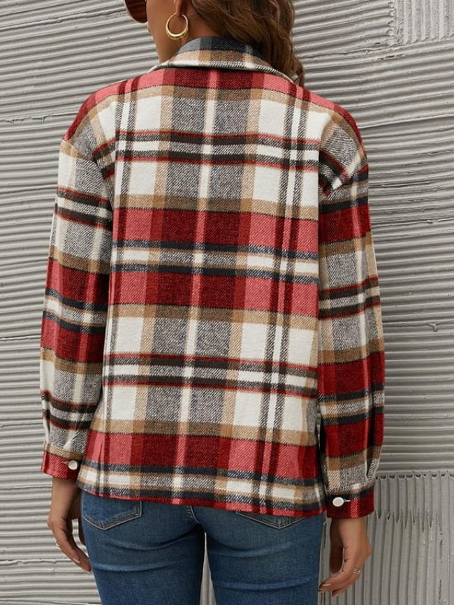 Geometric Woolen Plaid Print Pocketed Jacket