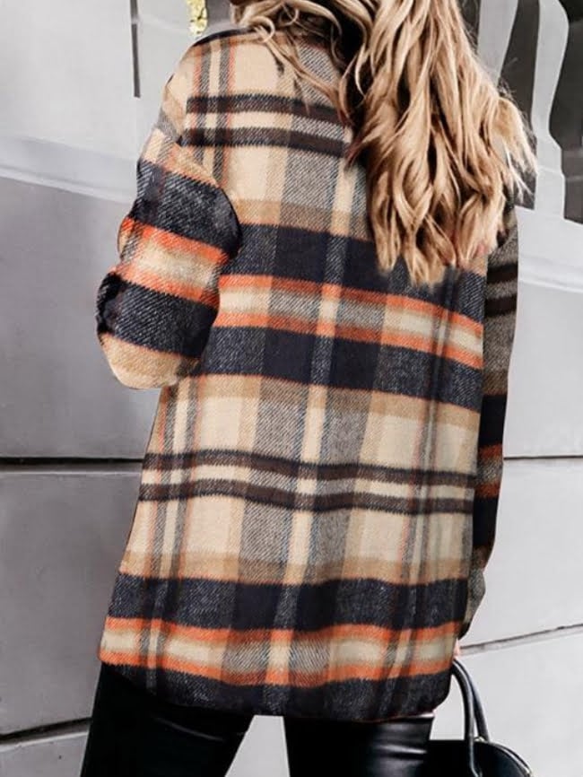 Geometric Woolen Plaid Print Pocketed Jacket