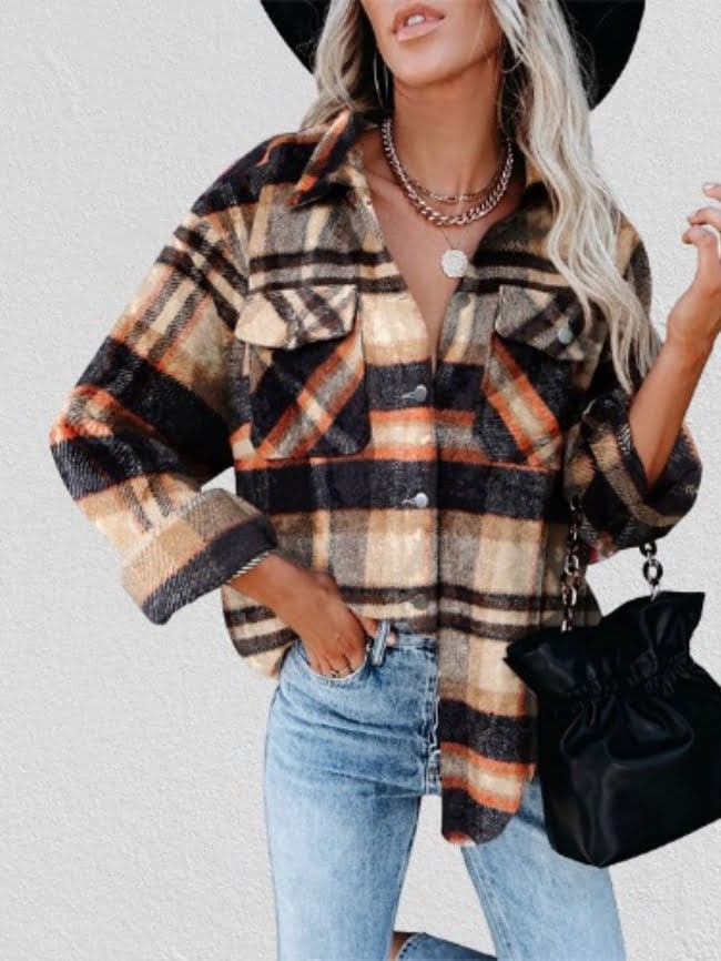 Geometric Woolen Plaid Print Pocketed Jacket