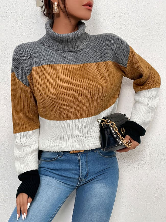 High neck striped contrast sweater