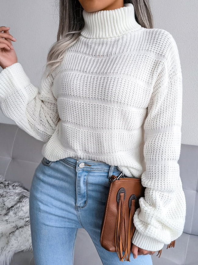 High-necked hollow knit sweater