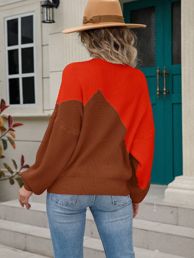 Irregular color-block bat-shirt sweater