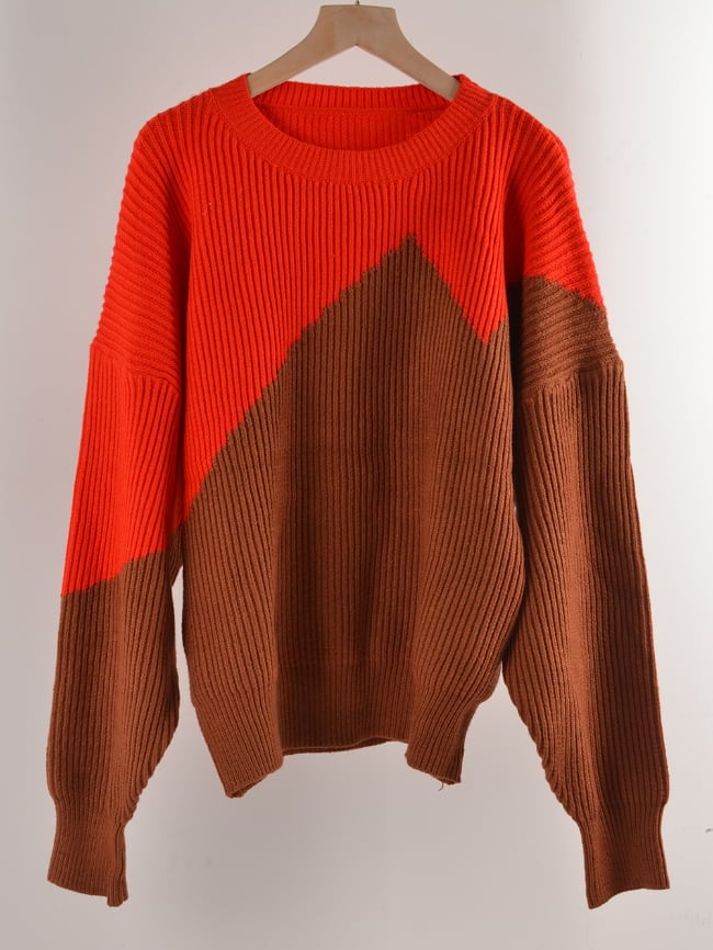 Irregular color-block bat-shirt sweater