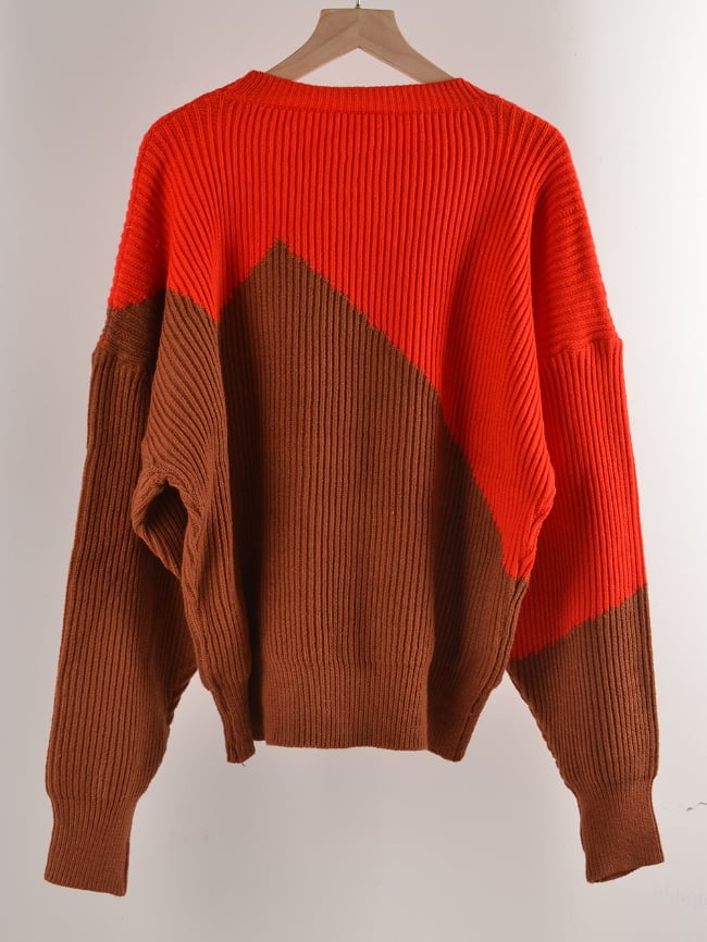 Irregular color-block bat-shirt sweater