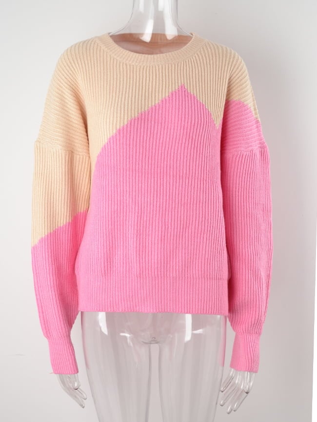 Irregular color-block bat-shirt sweater