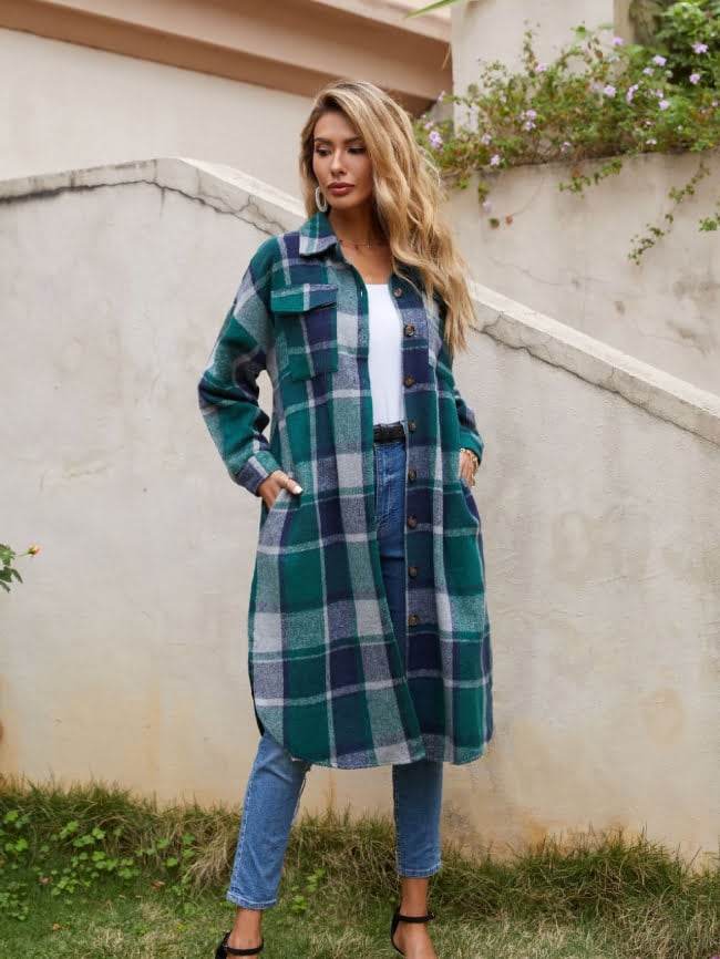 Lapel pocket plaid side slit long coat