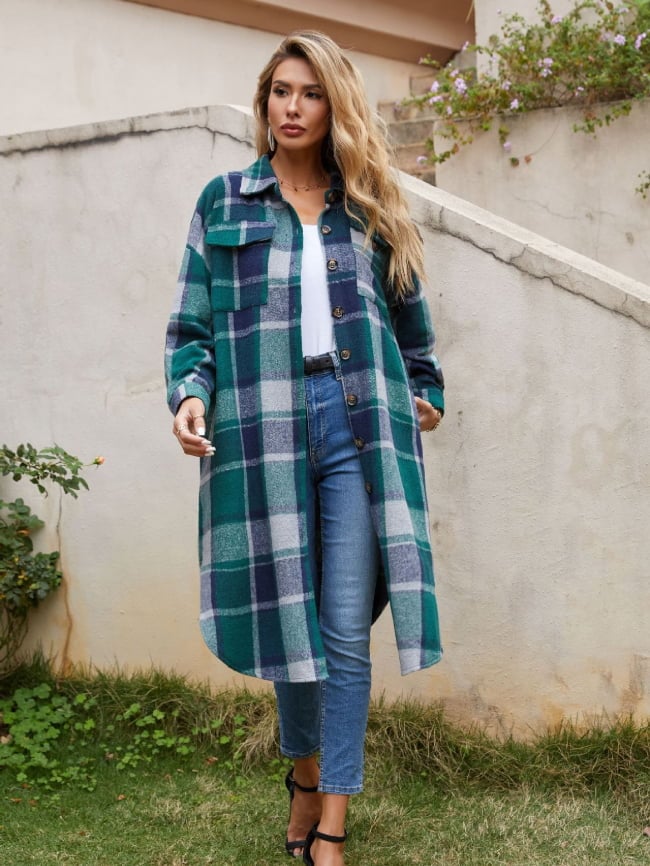 Lapel pocket plaid side slit long coat