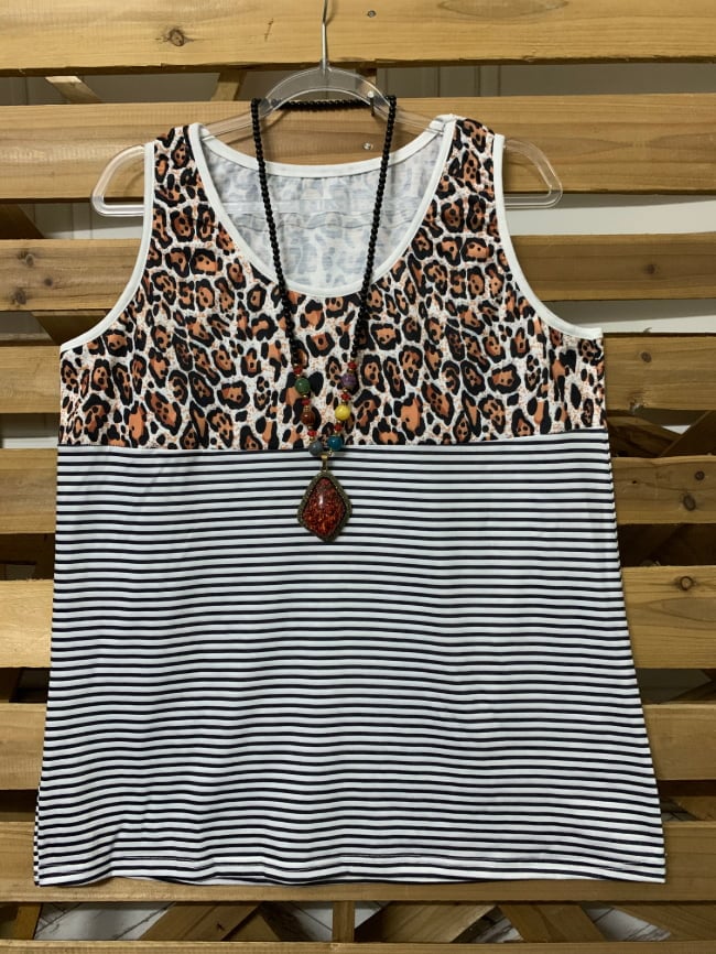 Striped leopard-panel sleeveless top