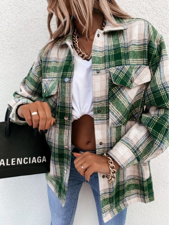 Geometric Woolen Plaid Print Pocketed Jacket