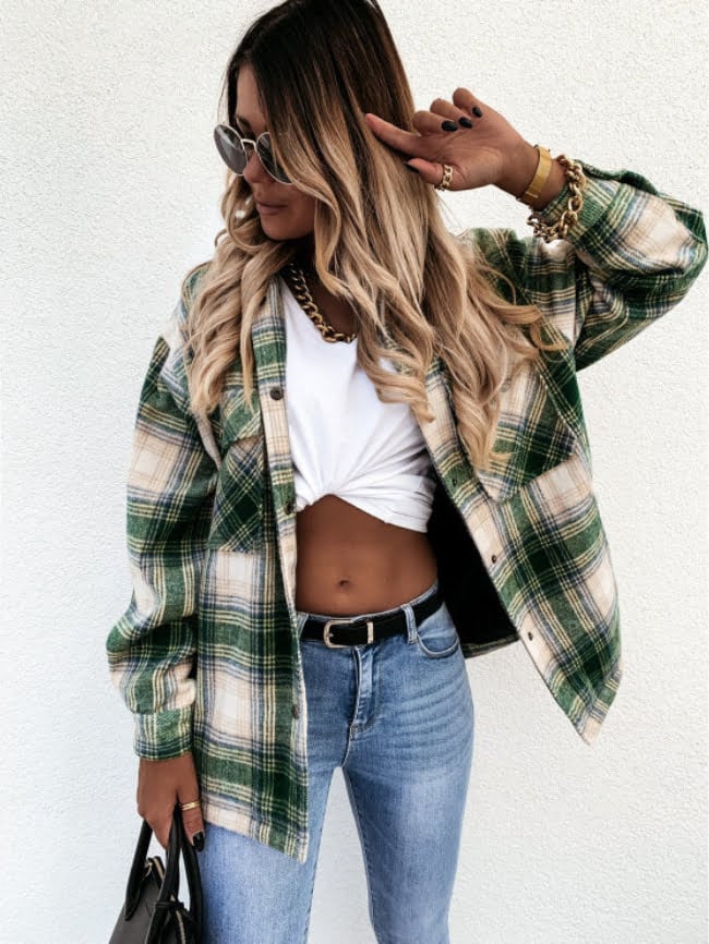 Geometric Woolen Plaid Print Pocketed Jacket