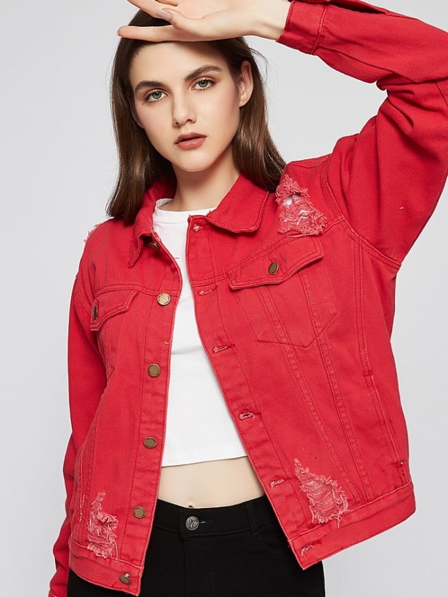 Red Buttoned Lapel Denim Jacket