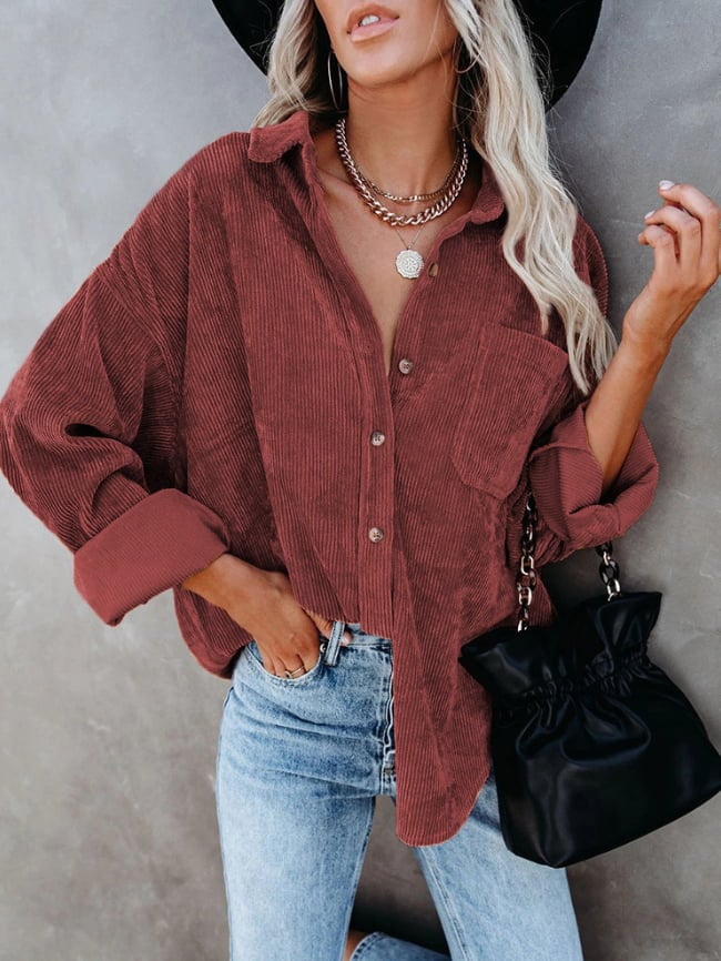 Solid Color Corduroy Shirt Jacket