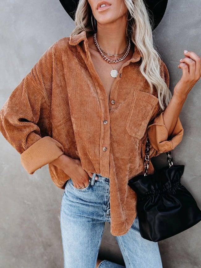 Solid Color Corduroy Shirt Jacket