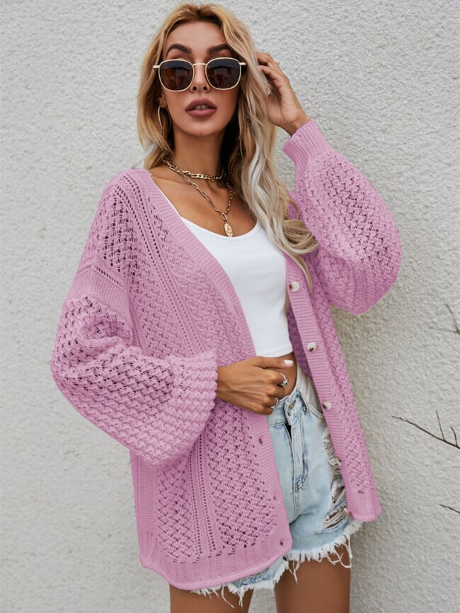 Solid Hollow out Knitted Cardigan