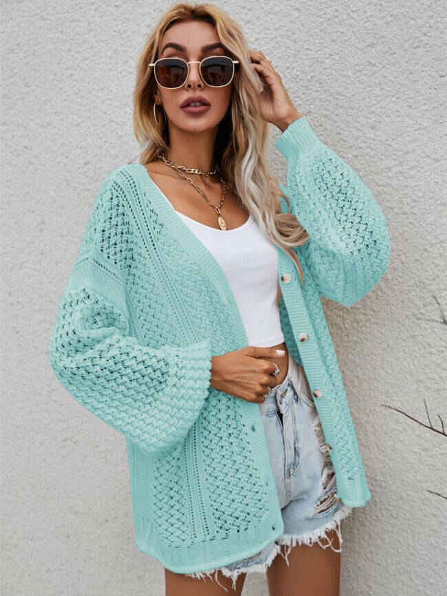 Solid Hollow out Knitted Cardigan