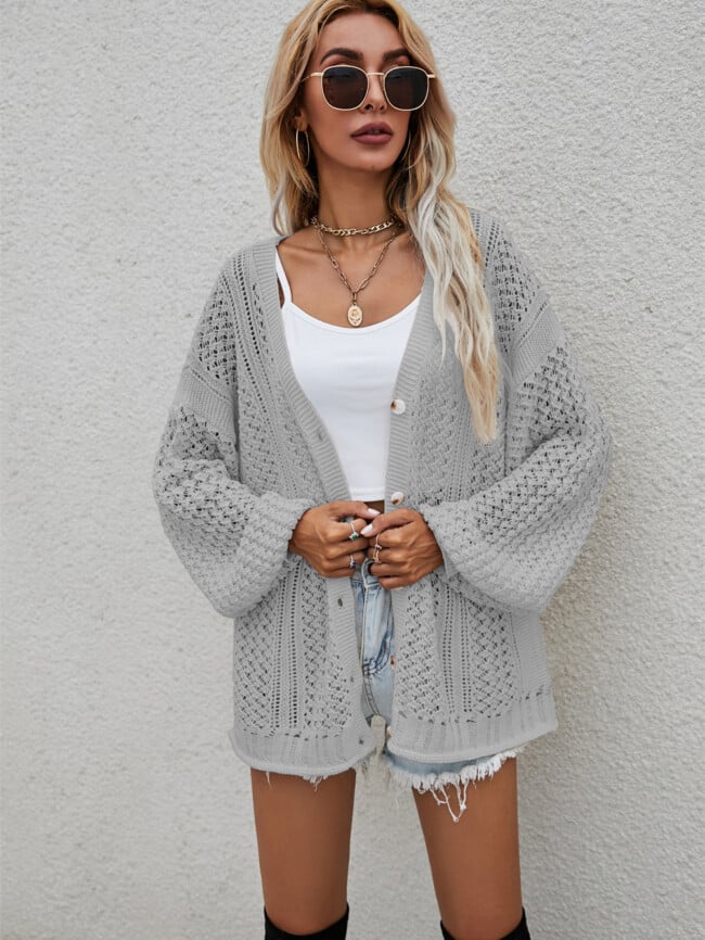 Solid Hollow out Knitted Cardigan