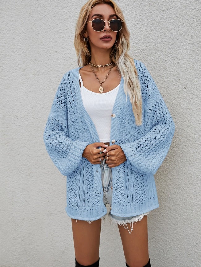 Solid Hollow out Knitted Cardigan