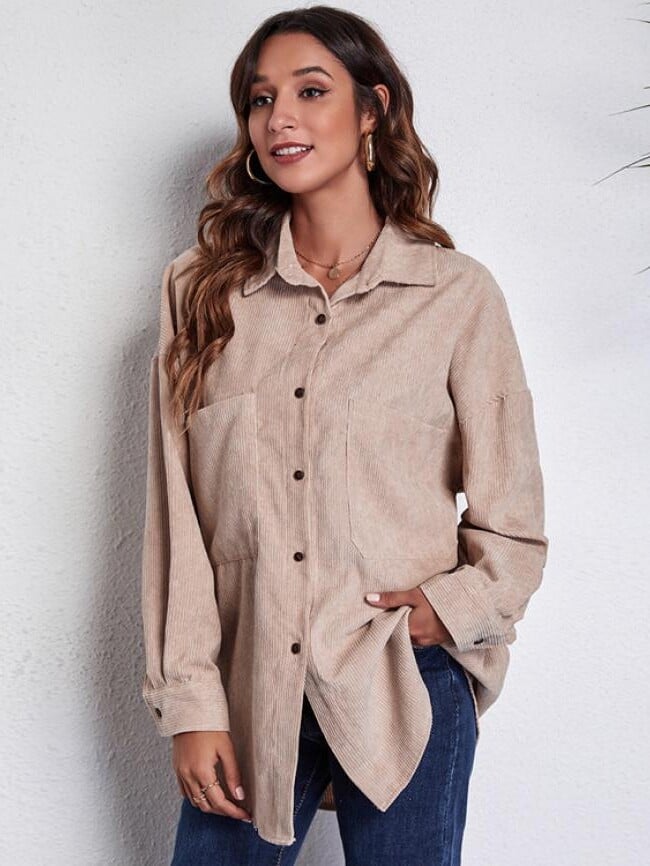 Solid corduroy drop shoulder pockets shirt jacket