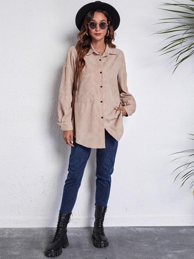 Solid corduroy drop shoulder pockets shirt jacket