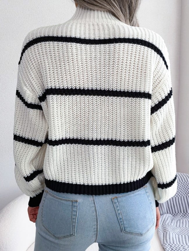 Striped Puff Sleeve Turtleneck Sweater