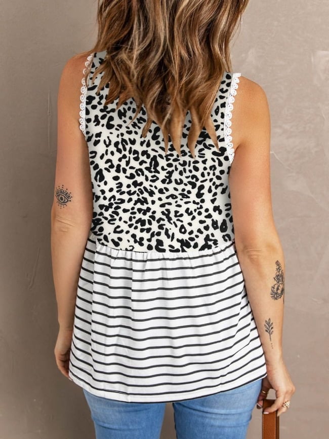 Striped leopard-panel sleeveless top