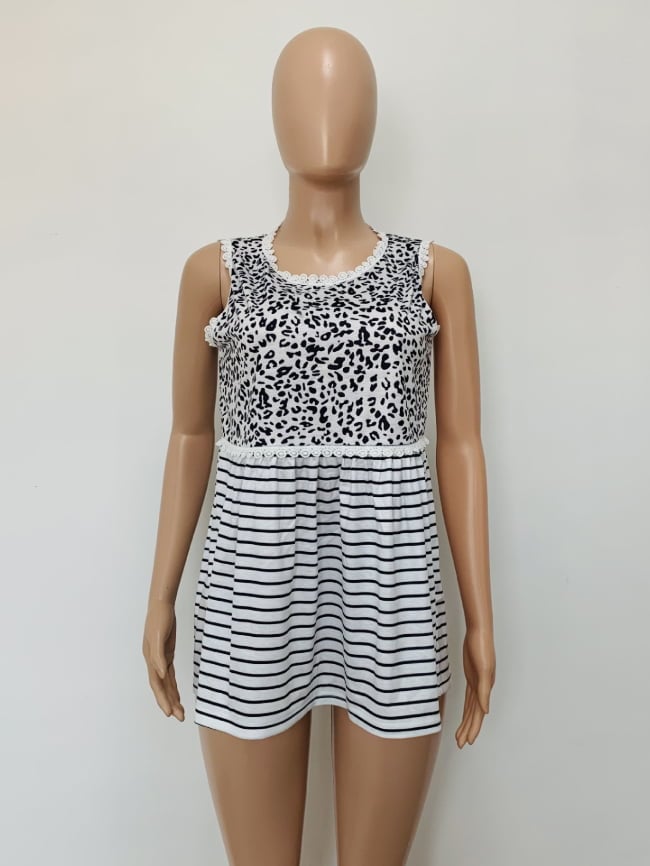 Striped leopard-panel sleeveless top