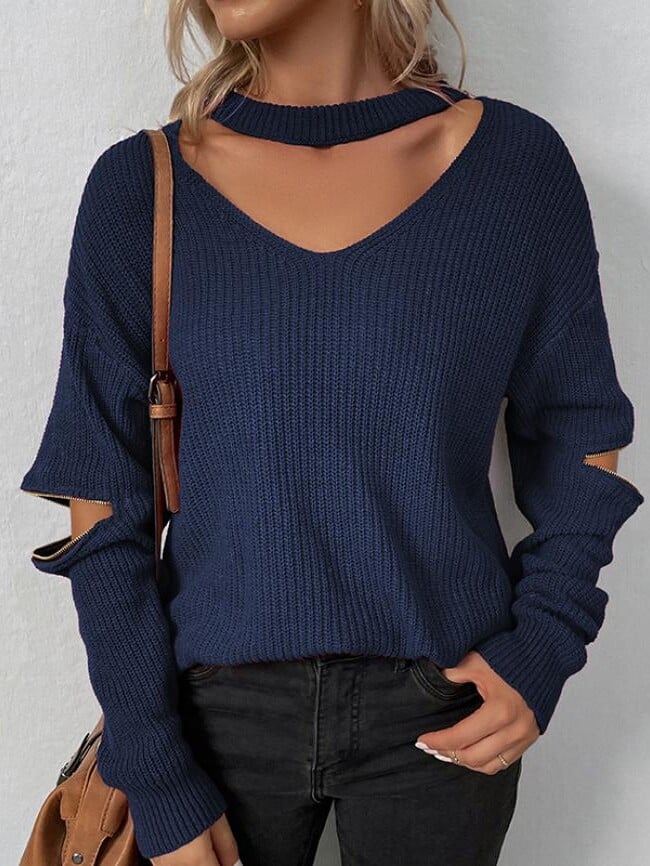 Fashion Hollow Zipper Long Sleeve Sweater