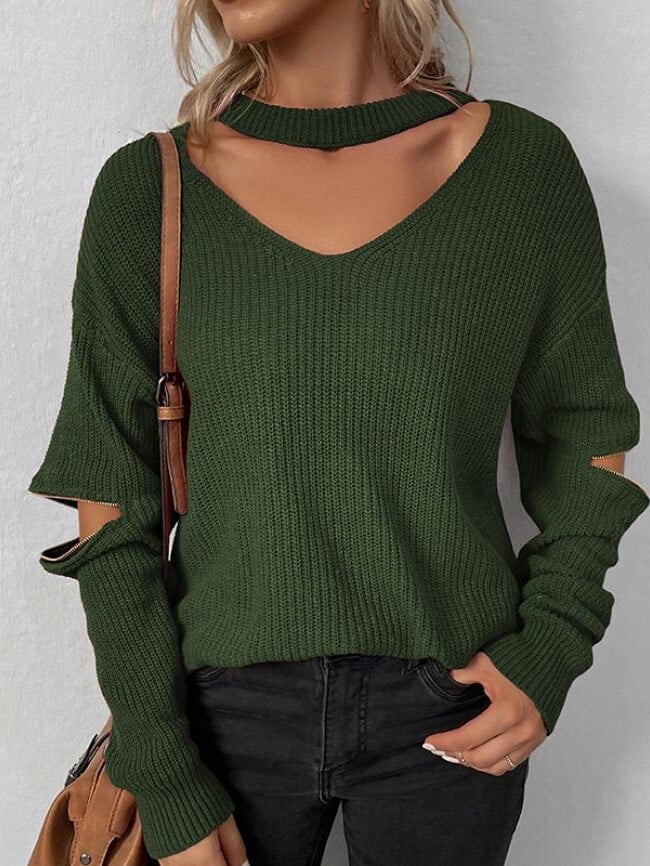 Fashion Hollow Zipper Long Sleeve Sweater